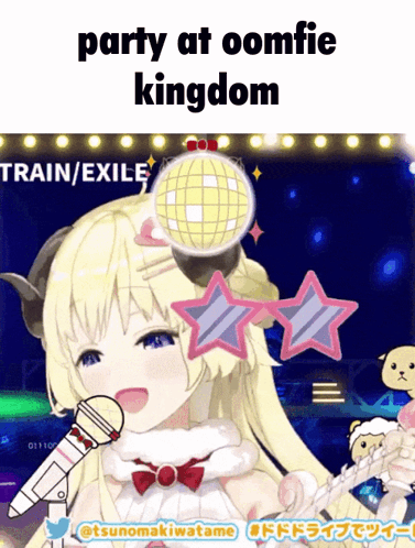 A Cartoon Girl Singing Into A Microphone With The Words Party At Oomfie Kingdom Written Above Her GIF