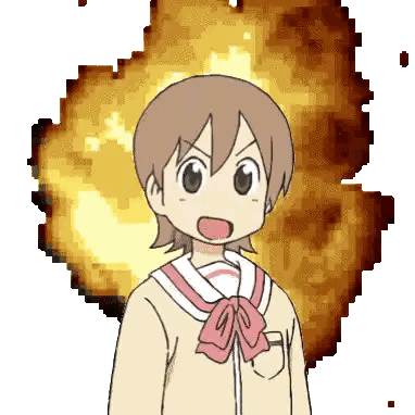 a cartoon girl stands in front of a large explosion