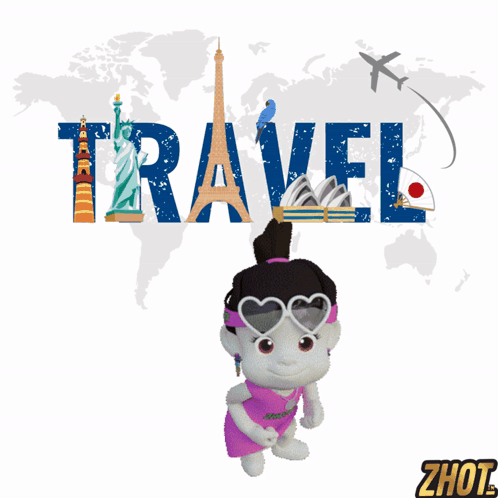 A Cartoon Girl Stands In Front Of A Travel Poster GIF