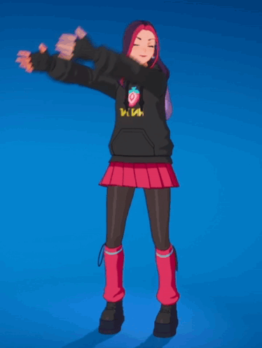 a cartoon girl wearing a black hoodie with a strawberry on it is standing with her arms outstretched