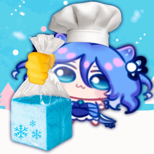 A Cartoon Girl Wearing A Chef 'S Hat Is Holding A Bag Of Blue Ice GIF
