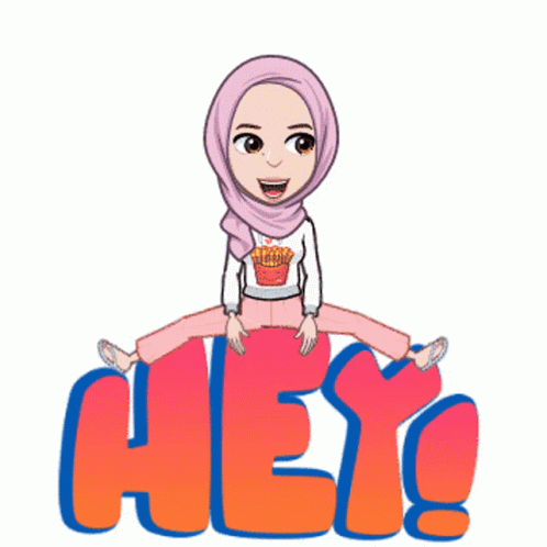 A Cartoon Girl Wearing A Hijab Jumps In The Air Above The Word Hey GIF