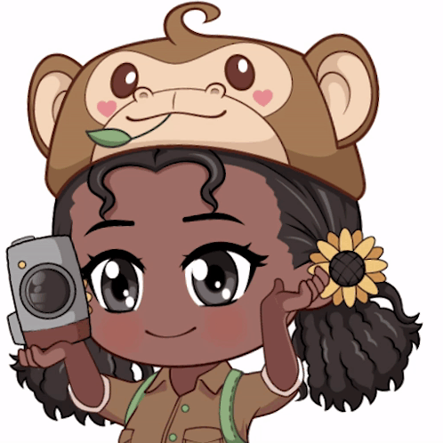 A Cartoon Girl Wearing A Monkey Hat Holding A Camera GIF