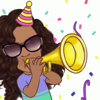 A Cartoon Girl Wearing A Party Hat And Sunglasses Is Blowing A Trumpet GIF