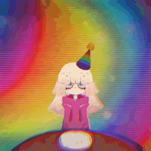 A Cartoon Girl Wearing A Party Hat Is Standing In Front Of A Rainbow . GIF