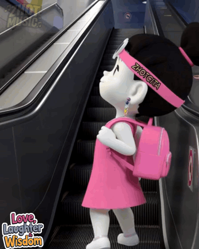 A Cartoon Girl Wearing A Pink Dress And A Pink Backpack Is On An Escalator With The Words Love Laughter Wisdom Below Her GIF
