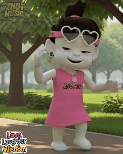 A Cartoon Girl Wearing A Pink Dress And Heart Shaped Sunglasses Is Dancing With The Words Love Laughter Wisdom Below Her GIF