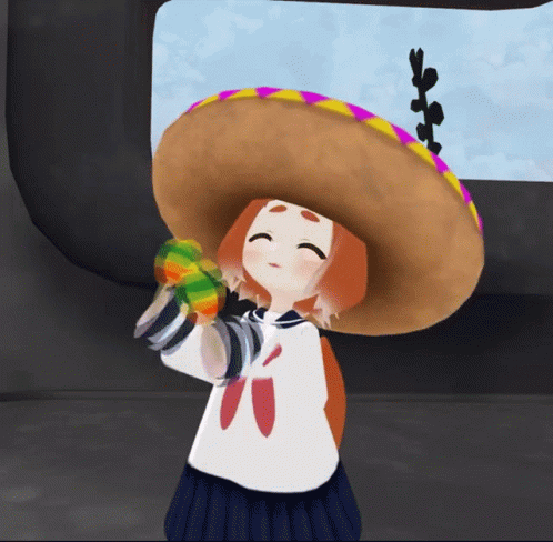 A Cartoon Girl Wearing A Sombrero Holds A Colorful Object In Her Hand GIF