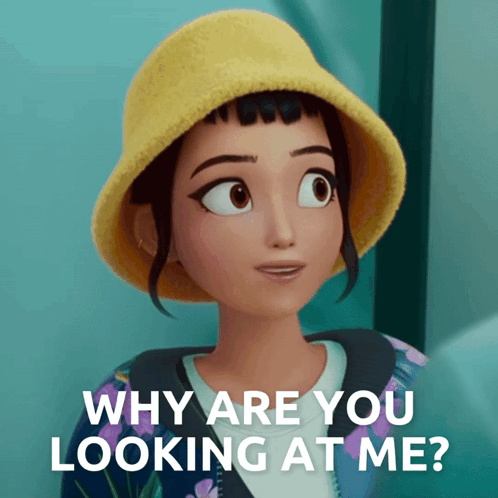 A Cartoon Girl Wearing A Yellow Hat Is Asking " Why Are You Looking At Me " GIF