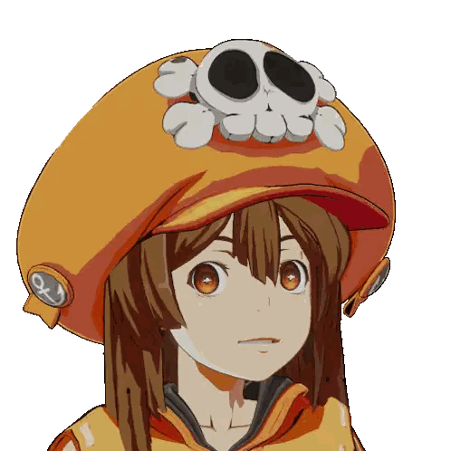 a cartoon girl wearing an orange hat with a skull and crossbones on it