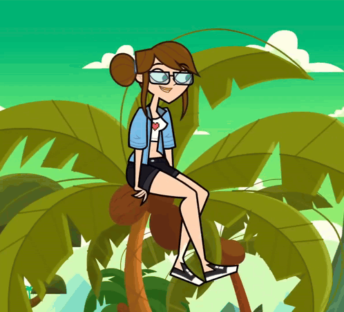 A Cartoon Girl Wearing Glasses Sits On A Palm Tree GIF
