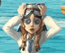A Cartoon Girl Wearing Goggles Is Holding Her Head In The Water . GIF
