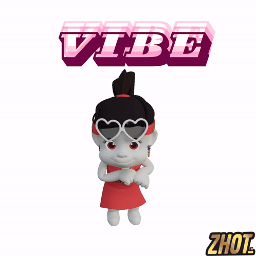 A Cartoon Girl Wearing Heart Shaped Sunglasses And A Red Dress Stands In Front Of A Vibe Sign GIF