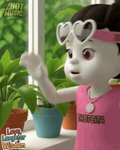 A Cartoon Girl Wearing Heart Shaped Sunglasses And A Shirt That Says ' Love Laughter Wisdom ' On It GIF
