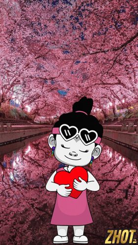 A Cartoon Girl Wearing Heart Shaped Sunglasses Is Holding A Heart In Front Of A Cherry Blossom Tree GIF