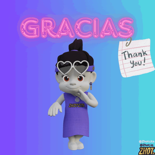 A Cartoon Girl Wearing Heart Shaped Sunglasses Stands In Front Of A Neon Sign That Says Gracias GIF