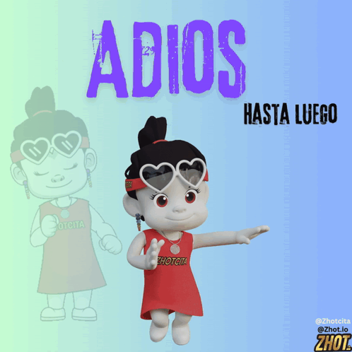 A Cartoon Girl Wearing Heart Shaped Sunglasses Stands In Front Of A Sign That Says " Adios Hasta Luego " GIF