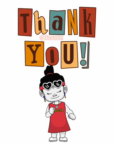 A Cartoon Girl Wearing Heart Shaped Sunglasses Stands In Front Of A Thank You Sign GIF