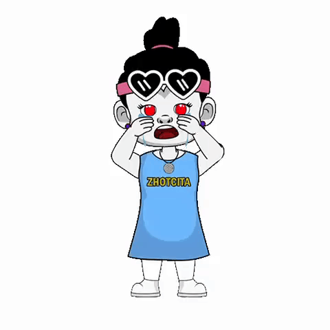 A Cartoon Girl Wearing Sunglasses And A Blue Dress Is Crying And Covering Her Eyes . GIF