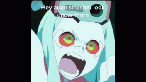 A Cartoon Girl With A Camera On Her Head Is Screaming And Saying `` Hey Atom Smasher Look Under There '' . GIF