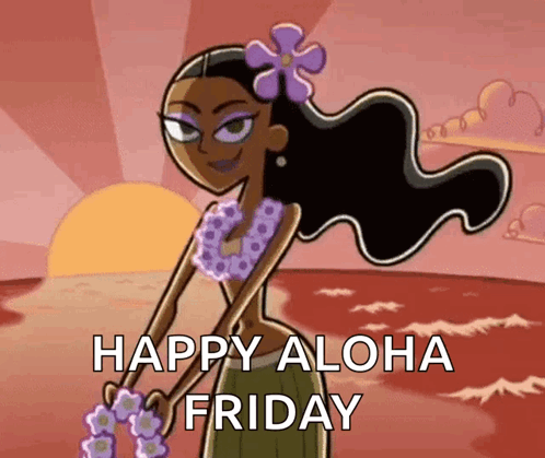 A Cartoon Girl With A Flower In Her Hair And The Words Happy Aloha Friday GIF