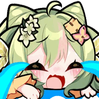 a cartoon girl with a flower in her hair is crying with tears coming out of her eyes