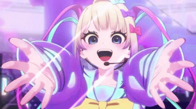 A Cartoon Girl With A Microphone On Her Head Is Holding Her Arms Out . GIF