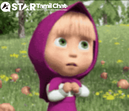 A Cartoon Girl With A Purple Head Scarf And A Star Tamil Chat Logo Behind Her GIF