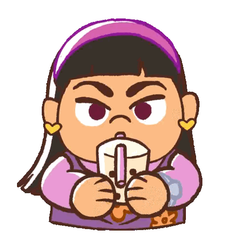 a cartoon girl with a purple headband is drinking from a cup