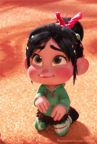 A Cartoon Girl With A Red Bow On Her Head Is Kneeling Down And Smiling GIF