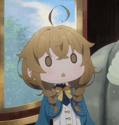 a cartoon girl with a surprised look on her face is wearing a blue coat