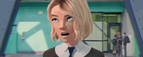 a cartoon girl with blonde hair and a tie is looking up
