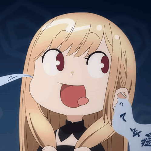 A Cartoon Girl With Blonde Hair And Red Eyes Is Making A Face With Her Tongue Out GIF