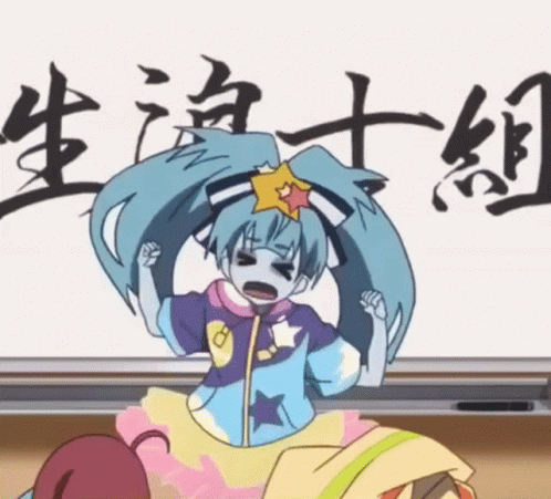 A Cartoon Girl With Blue Hair And A Star On Her Head Is Standing In Front Of A White Board With Chinese Writing On It . GIF