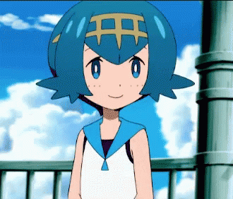 a cartoon girl with blue hair and a white shirt