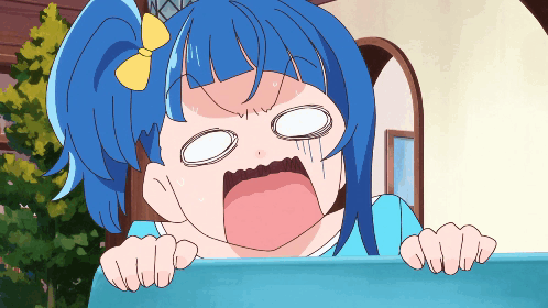 A Cartoon Girl With Blue Hair And A Yellow Bow On Her Head GIF