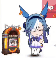 A Cartoon Girl With Blue Hair And Ears Is Standing Next To A Jukebox . GIF