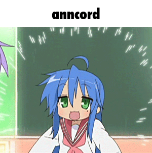 A Cartoon Girl With Blue Hair And Green Eyes Is Standing In Front Of A Blackboard With The Word Anncord On Top GIF