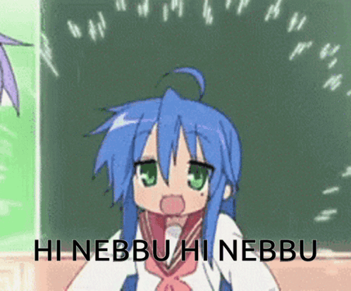 A Cartoon Girl With Blue Hair And Green Eyes Says Hi Nebbu Hi Nebbu GIF