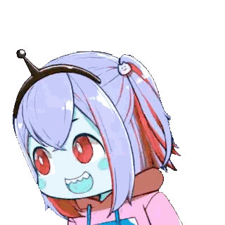 a cartoon girl with blue hair and purple eyes is wearing a headband and a hoodie .