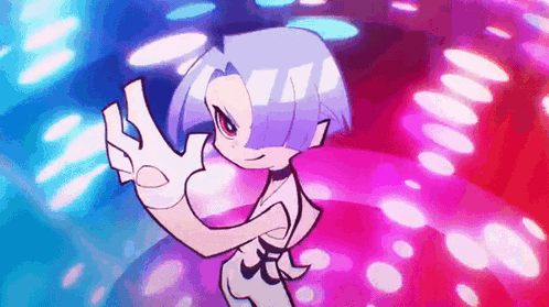 A Cartoon Girl With Blue Hair And White Gloves Is Standing In Front Of A Pink And Blue Background . GIF