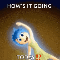 A Cartoon Girl With Blue Hair Is Doing A Yoga Pose With The Words How 'S It Going Today ? GIF