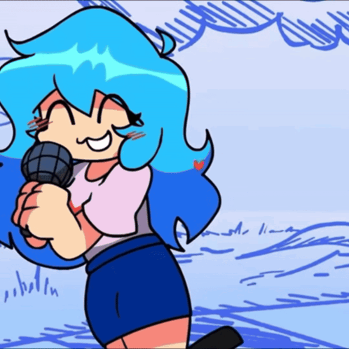 A Cartoon Girl With Blue Hair Is Holding A Microphone GIF