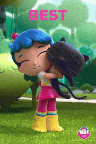 A Cartoon Girl With Blue Hair Is Hugging A Black Cat With The Word Best Written On It GIF