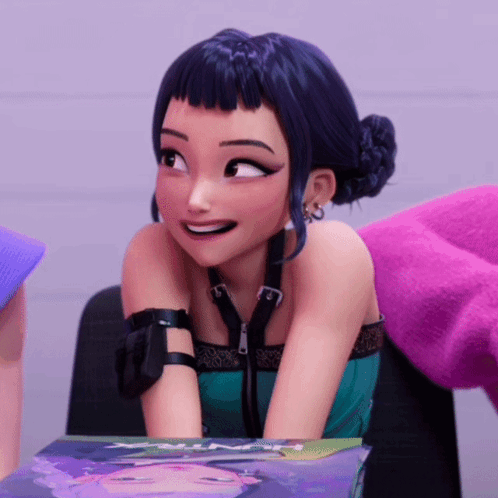 A Cartoon Girl With Blue Hair Is Smiling While Sitting In A Chair GIF