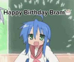 A Cartoon Girl With Blue Hair Is Standing In Front Of A Blackboard With The Words Happy Birthday Bram Written On It . GIF