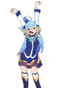 a cartoon girl with blue hair is standing with her arms in the air .