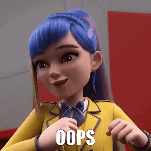 A Cartoon Girl With Blue Hair Is Wearing A Yellow School Uniform And Has The Word Oops Written On Her Face GIF