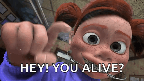 A Cartoon Girl With Braces On Her Teeth Is Asking If She Is Alive GIF
