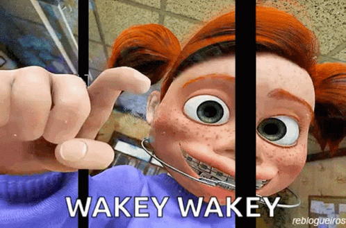 A Cartoon Girl With Braces On Her Teeth Is Behind Bars With The Words Wakey Wakey Above Her GIF